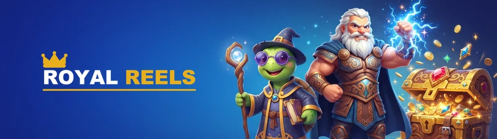 Royal Reels banner with a turtle wizard, a thunder god and a treasure chest