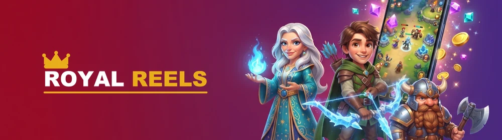 Royal Reels heroes beside a phone showing the game lobby