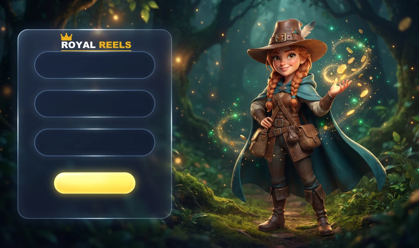 Royal Reels sign-up panel beside an explorer conjuring gold coins