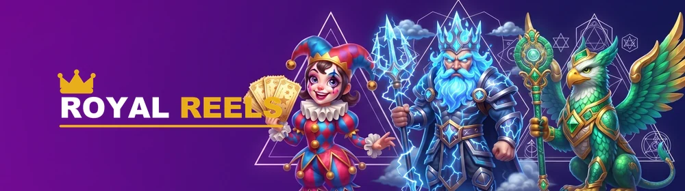 Royal Reels characters: a harlequin, a storm king and a griffin guardian