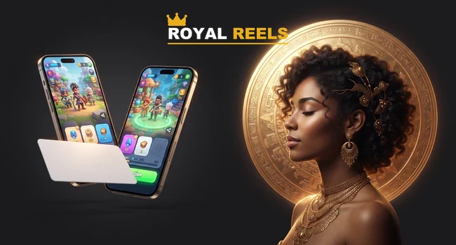 Royal Reels app on two phones next to a PayID payment card