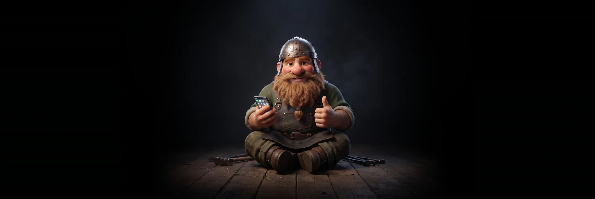 Cartoon dwarf sitting with a smartphone and giving a thumbs up