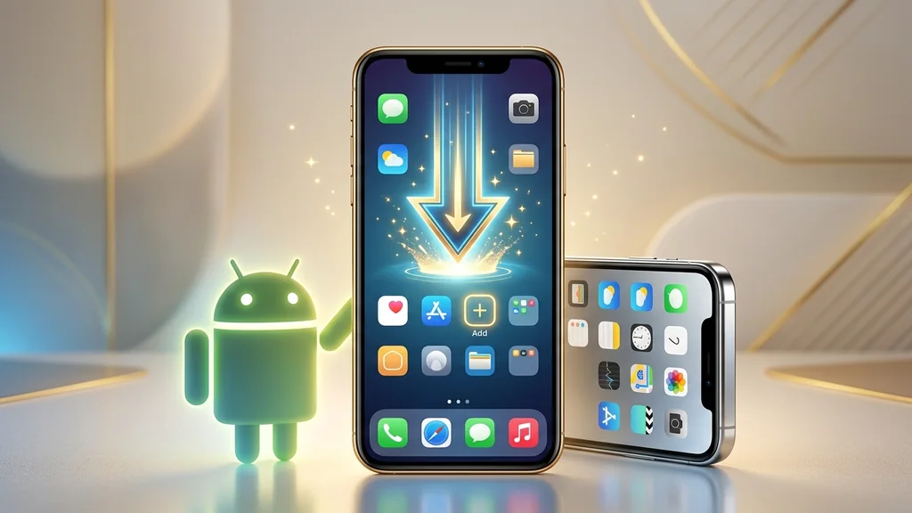 A smartphone with a download arrow and Android and iPhone silhouettes, showing safe ways to add Royal Reels via the browser, a PWA or an APK.