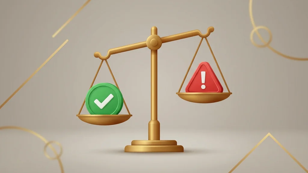 Balance scales weighing a checkmark against a warning sign, representing the evidence-based verdict on whether Royal Reels is legit.