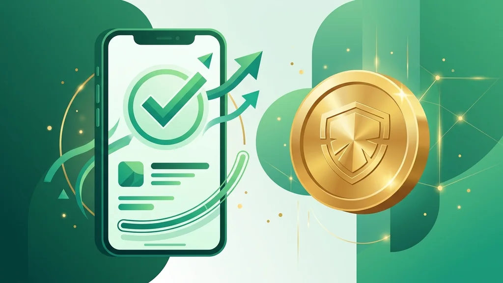 A smartphone bank-transfer confirmation beside a gold coin, representing PayID real-money deposits discussed in the Royal Reels licence check.